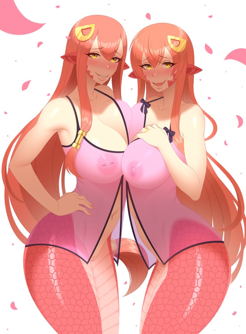 2girls blacksaikou breasts daughter lamia miia's_mother_(monster_musume) miia_(monster_musume) monster_girl monster_musume_no_iru_nichijou mother mother_and_daughter multiple_girls nipples pussy red_hair red_scales see-through see-through_clothing slit_pupils tagme