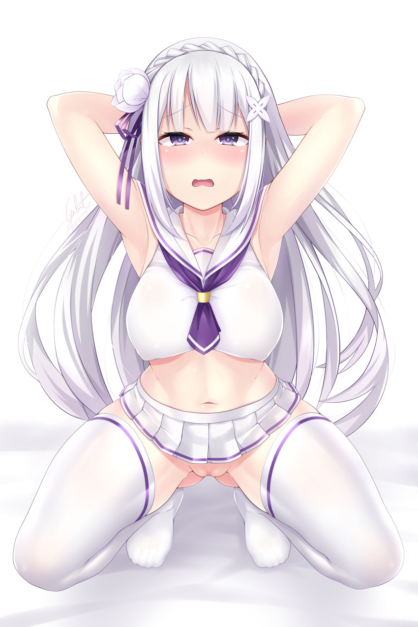 armpits arms_behind_back arms_up bangs before_sex belly belly_button big_breasts blush blushing_at_viewer braid crown_braid elf elf_ears elf_female elf_girl emilia_(re:zero) erect_nipples_under_clothes erection_under_clothes eyebrows_raised eyebrows_visible_through_hair female female_focus female_only gabriel_evangel gabrielevangel hair_flower hair_ornament half-closed_eyes half-elf half_closed_eyes half_dressed half_elf half_naked huge_breasts imminent_sex large_breasts legwear lifted_skirt long_hair looking_at_viewer miniskirt neckwear no_shirt on_bed open_eyes open_mouth pointy_ears purple_eyes pussy re:zero_kara_hajimeru_isekai_seikatsu sailor_uniform sheets silver_hair simple_background skirt skirt_lift solo solo_female solo_focus squatting stomach thighhighs top topwear upper_teeth upskirt white_background white_clothing white_flower white_hair white_legwear white_neckwear white_thighhighs white_topwear wide_hips x_hair_ornament