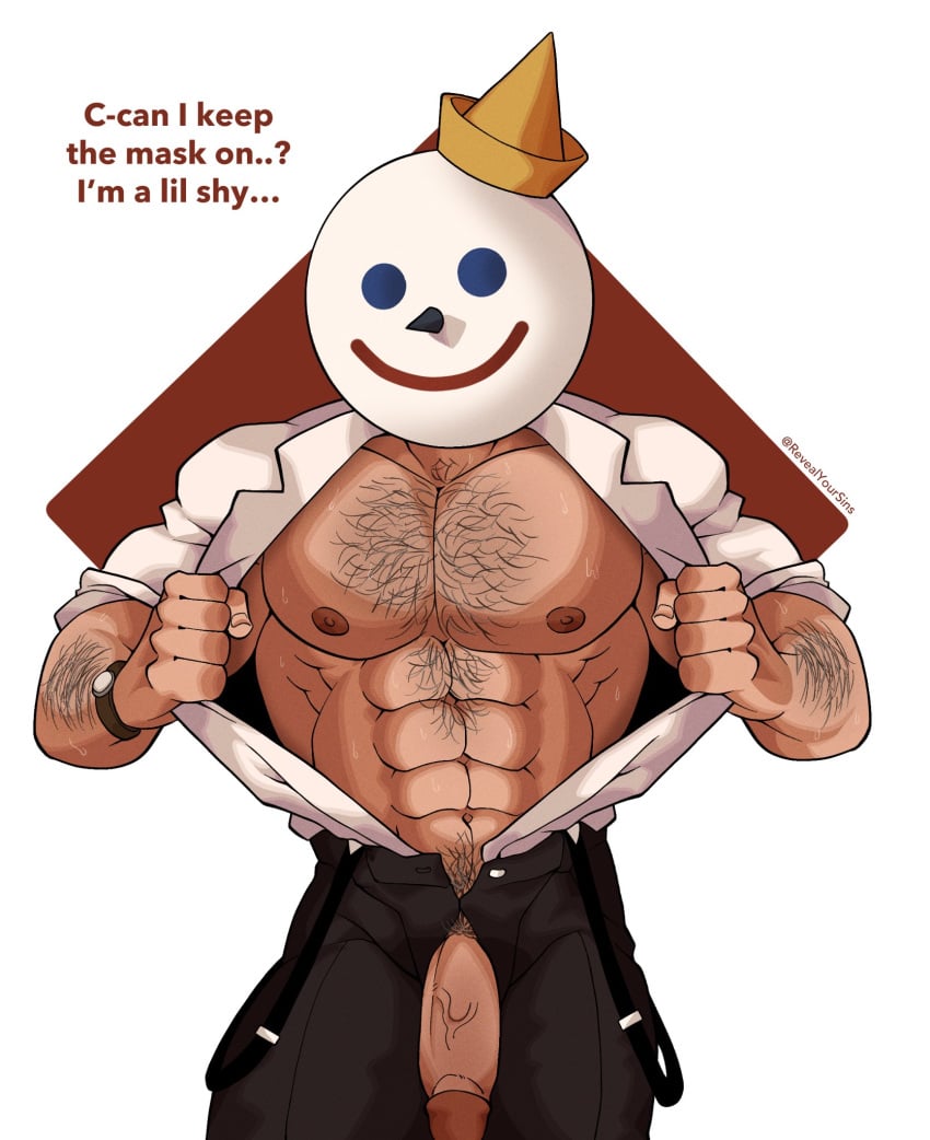 1boy abs arm_hair chest_hair flaccid jack_box jack_in_the_box male male_only mascot mask muscular_male penis presenting pubic_hair revealyoursins shirt_pull shy simple_background solo solo_male sweat sweating vein watch