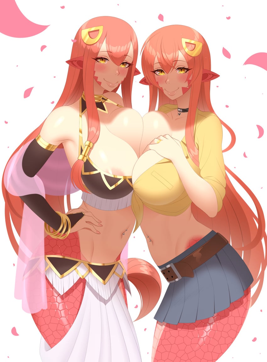 2girls blacksaikou choker daughter lamia miia's_mother_(monster_musume) miia_(monster_musume) monster_girl monster_musume_no_iru_nichijou mother mother_and_daughter multiple_girls nipple_peek red_hair red_scales skirt tagme