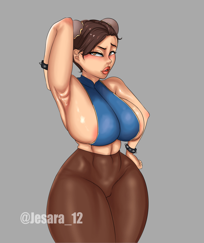 areola_slip armpits arms_up big_ass big_breasts big_nipples chun-li jesara12 pantyhose skin_tight street_fighter