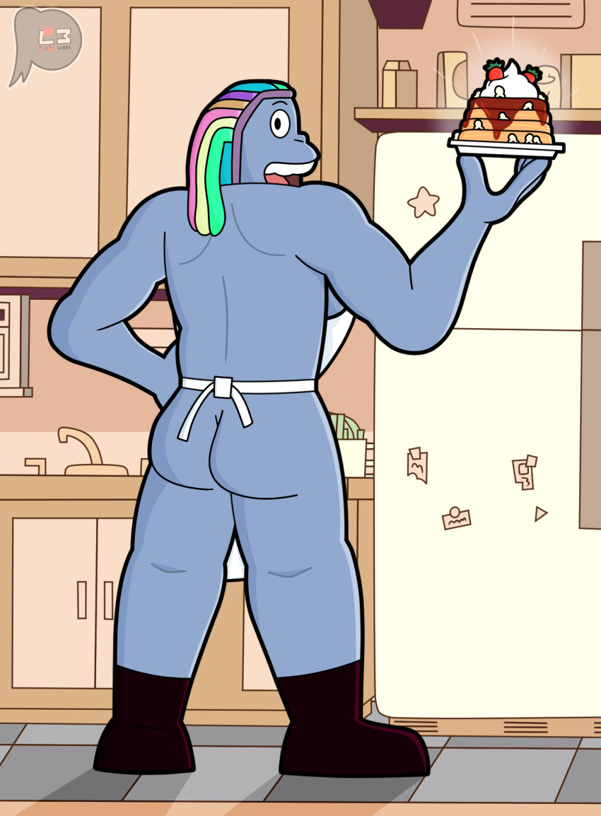 2022 alien alien_humanoid apron ass bismuth_(steven_universe) cartoon_network clothed clothing detailed_background digital_drawing_(artwork) digital_media_(artwork) female food gem_(species) hair hi_res holding_food holding_object humanoid lewdware looking_at_viewer shaded signature solo steven_universe