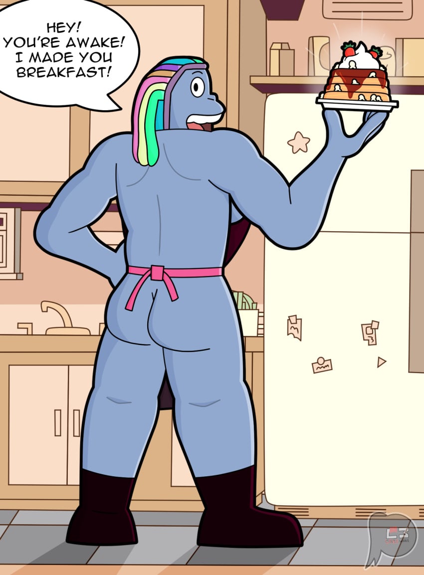 2022 alien alien_humanoid apron ass bismuth_(steven_universe) cartoon_network clothed clothing detailed_background dialogue digital_drawing_(artwork) digital_media_(artwork) english_text female food gem_(species) hair hi_res holding_food holding_object humanoid looking_at_viewer shaded signature solo speech_bubble steven_universe text