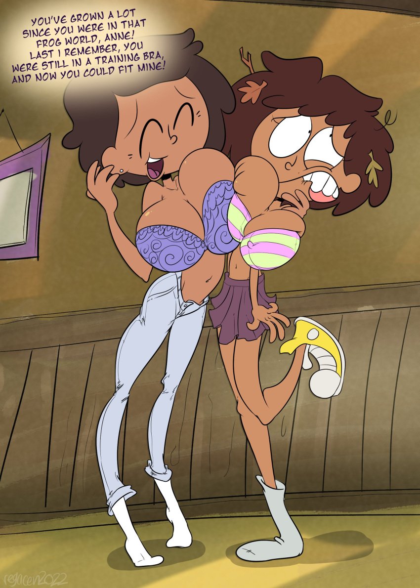 2girls amphibia anne_boonchuy big_breasts bra breast_to_breast dark-skinned_female dark_skin daughter english_text female female_focus female_only huge_breasts milf mother mother_and_daughter mrs._boonchuy multiple_girls oum_boonchuy partially_clothed regacen straight_hair