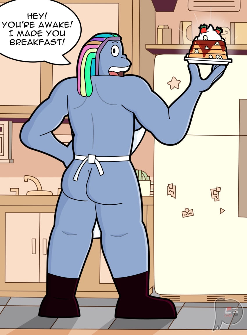 2022 alien alien_humanoid apron ass bismuth_(steven_universe) cartoon_network clothed clothing detailed_background dialogue digital_drawing_(artwork) digital_media_(artwork) english_text female food gem_(species) hair hi_res holding_food holding_object humanoid lewdware looking_at_viewer shaded signature solo speech_bubble steven_universe text