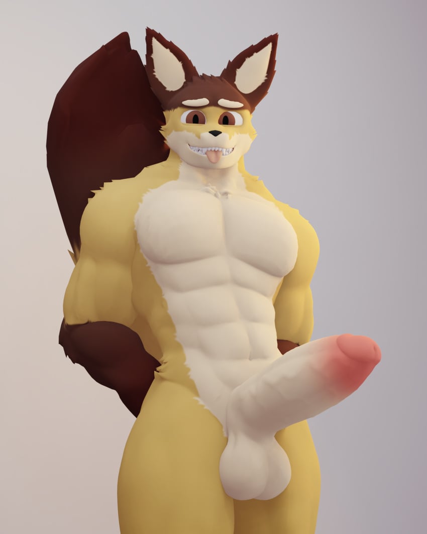 absurd_res anthro anxiboi anxiousanxiety balls biceps big_penis big_tail black_nose blep brown_body brown_fur canid canine fox fur gay genitals hands_behind_back hi_res humanoid_genitalia humanoid_penis looking_at_viewer male mammal muscular muscular_thighs penis presenting smile solo tongue tongue_out white_body white_fur yellow_body yellow_fur