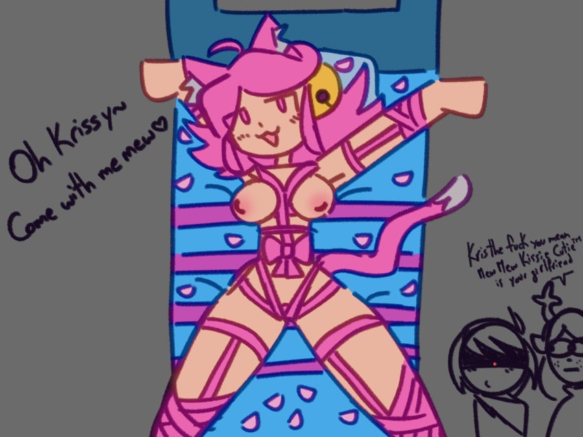 bondage cat_ears cat_girl cat_humanoid cat_tail catgirl deltarune deltarune_chapter_5 english english_dialogue english_text kkt05 kris_(deltarune) mad_mew_mew mew_mew_(undertale) mew_mew_kissy_cutie noelle_holiday petals pink_eyes pink_hair pink_nipples rope rope_between_breasts rope_bondage sakura_petals shibari text