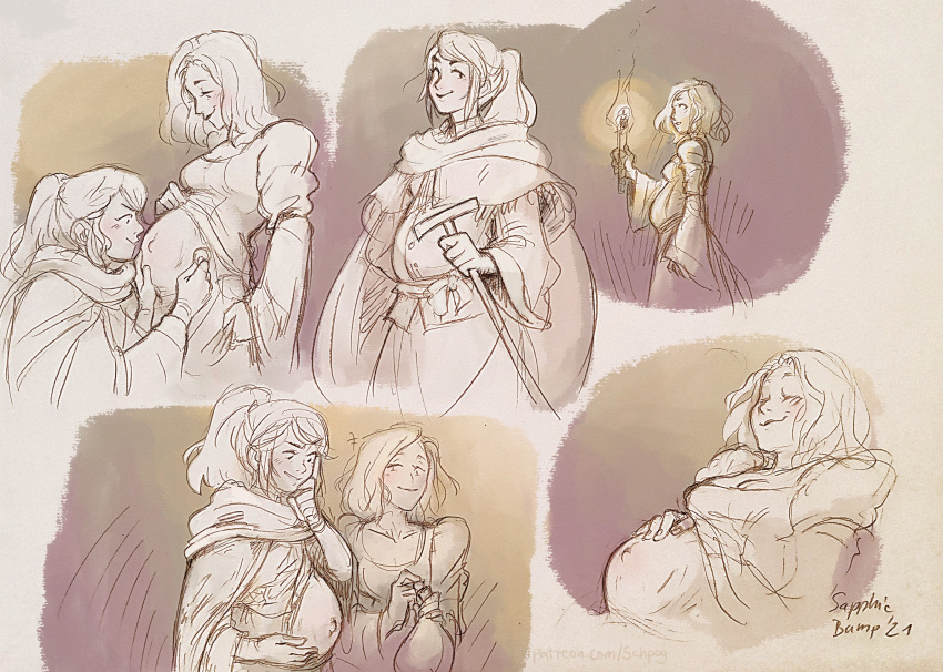 2girls arianna_(bloodborne) belly_rub bloodborne dress_lift female female_only fromsoftware hand_on_another's_stomach hand_on_belly hand_on_stomach iosefka open_shirt ponytail pregnant pregnant_prostitute prostitute restricted_palette sapphicbump schpog sketch sketch_page smile torch yuri