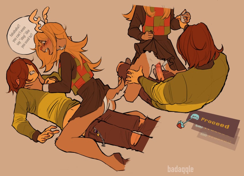 2d anthro badaqqle blonde_hair blood_drip blush blushing brown_hair cartoon choking crazy crazy_eyes crazy_female deer deltarune dialogue dubious_consent fangs female female_on_top femdom fight fur furry hidden_eyes hooves human human_on_anthro jeans just_the_tip kris_(deltarune) kris_dreemurr lying lying_on_back mostly_clothed no_visible_face noelle_(deltarune) noelle_holiday non-human nonbinary nonbinary/female nonbinary_pride_colors penis perspective pink_penis pink_pussy pink_skin pinned pubic_hair pussy pussy_juice_drip ripped_pants shiny_skin simple_shading skindentation skirt skirt_lift skirt_lifted skirt_lifted_by_self sweater tail teeth view_from_the_side viewed_from_behind visible_underwear wet wet_pussy wet_skin white_background wrist_grab