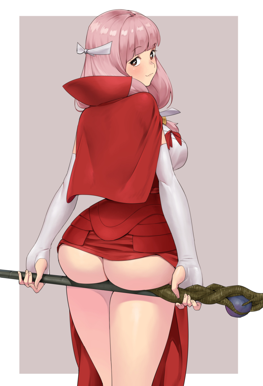 1girls ass ass_lift back_view bangs bare_legs bottomless breasts brown_eyes female female_only fire_emblem fire_emblem_fates igni_tion large_ass legs looking_at_viewer looking_back medium_breasts medium_hair mitama_(fire_emblem) nintendo pink_hair seductive skirt_lift smile solo star-shaped_pupils symbol-shaped_pupils thighs upskirt