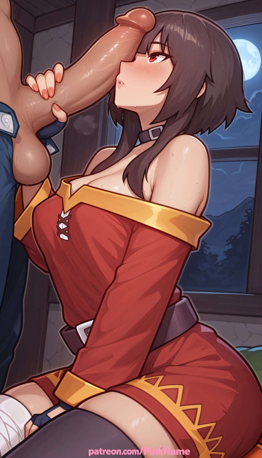 1boy 1girl 2026 ai_generated artist_name bandaged_leg bandages blush boobs breasts brown_hair bust chest cock dick dress erection fingerless_gloves full_moon gloves hetero hi_res high_quality highres kono_subarashii_sekai_ni_shukufuku_wo! large_penis looking_at_penis megumin moon night off-shoulder_dress patreon patreon_username penis penis_awe pinkname precum red_eyes short_hair solo_focus testicles tits uncensored veins veiny_penis watermark