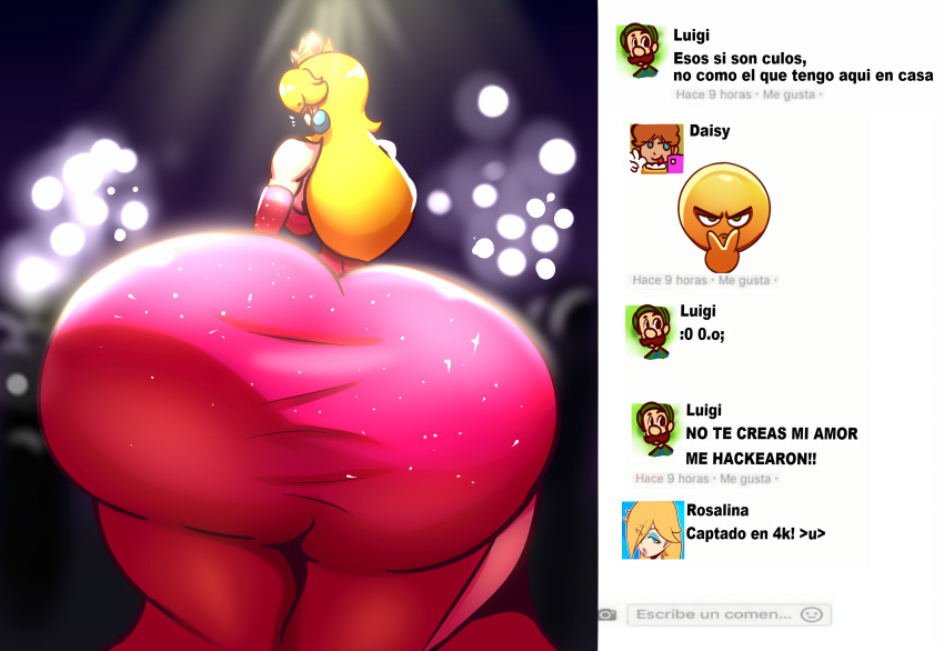 1girls alternate_breast_size ass ass_in_dress bubble_butt chat dat_ass dumptruck_ass huge_ass hyper hyper_ass luigi mario_(series) massive_ass nintendo princess_daisy princess_peach princess_rosalina schnauzercito showing_ass solo spanish_text super_mario_all-stars super_mario_bros. text thick_thighs translated