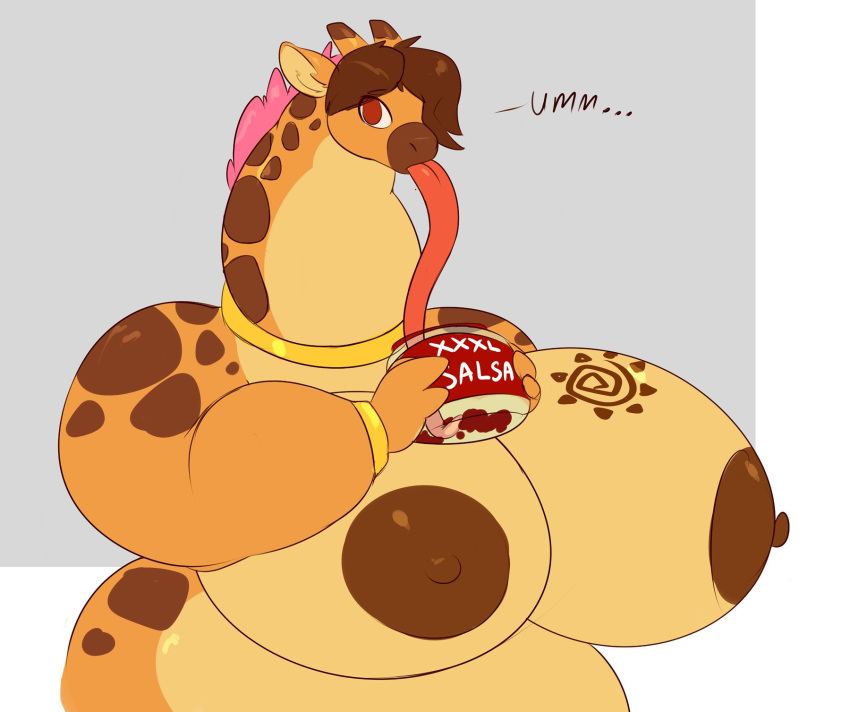 anthro bbw big_arms big_belly big_breasts breasts chubby_anthro cracker_(artist) fat fat_arms female furry giraffe kubwa_kalua long_tongue looking_at_viewer naked nipples overweight overweight_anthro overweight_female simple_background tagme tits