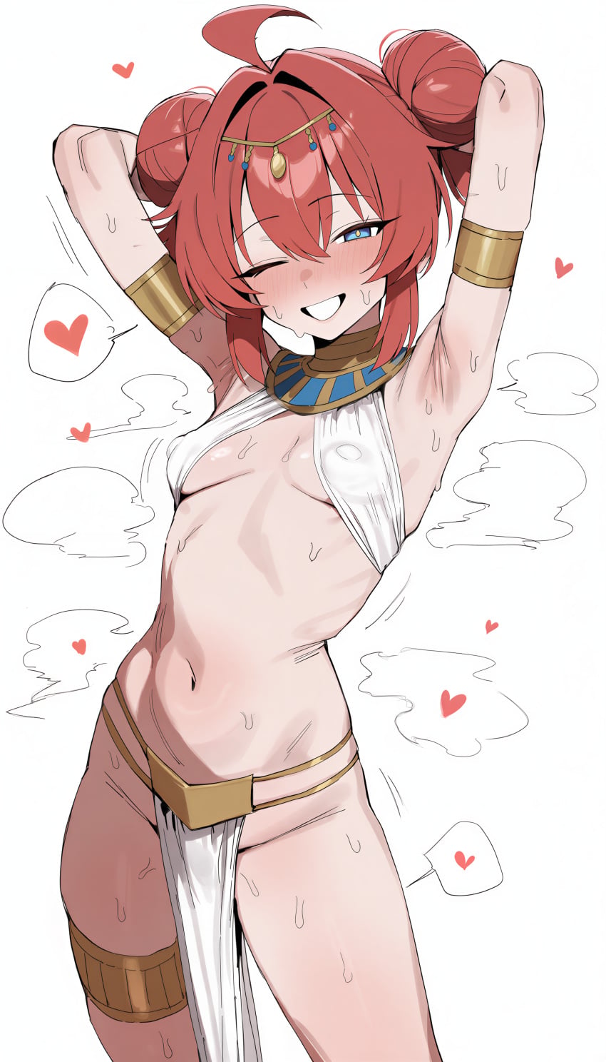 1girl absurdres ahoge ai ai_generated ancient_egyptian_clothes armpit_crease armpits arms_behind_head blue_archive blue_eyes covered_nipples double_bun floating_hearts gold_armlet gold_bracelet gold_collar gold_hairband hair_between_eyes heart highres linea_alba loincloth maki_(blue_archive) midriff motion_lines navel nose_blush one_eye_closed open_mouth pelvic_curtain red_hair short_hair sidelocks simple_background skindentation small_breasts smile spoken_heart standing steaming_body sweat sweatdrop thighs usekh_collar very_sweaty white_background winking_at_viewer