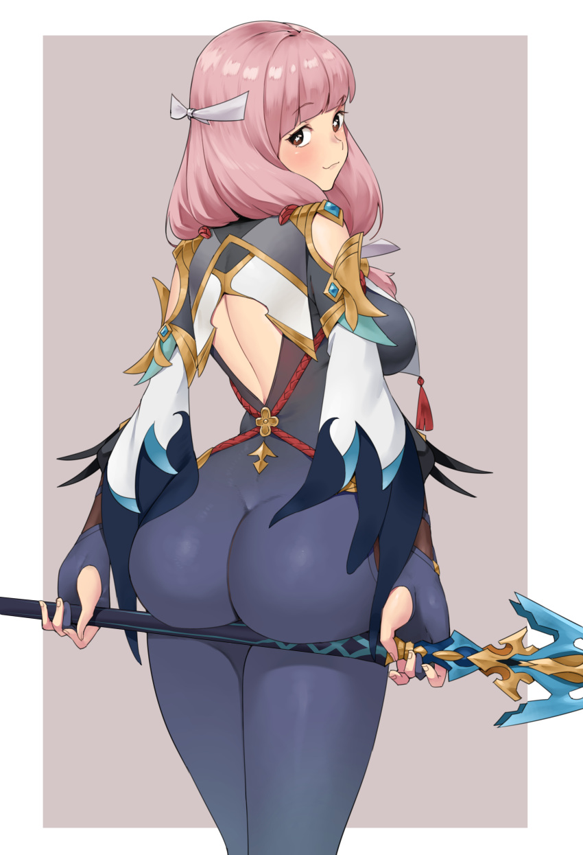 1girls alternate_costume ass ass_lift back back_view bangs bare_back breasts brown_eyes cosplay female female_only fire_emblem fire_emblem_fates igni_tion large_ass looking_at_viewer looking_back medium_breasts medium_hair mitama_(fire_emblem) nintendo pantyhose pink_hair seductive smile solo spear star-shaped_pupils symbol-shaped_pupils weapon