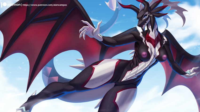 2022 5_fingers alanscampos anthro areola blue_eyes breasts cloud digital_media_(artwork) dragon dragonmaid_series_(yu-gi-oh!) dragonmaid_sheou dragussy eyebrows female fingers flying genitals hi_res horn membrane_(anatomy) membranous_wings nipples non-mammal_breasts outside pussy scalie solo text url wings yu-gi-oh!