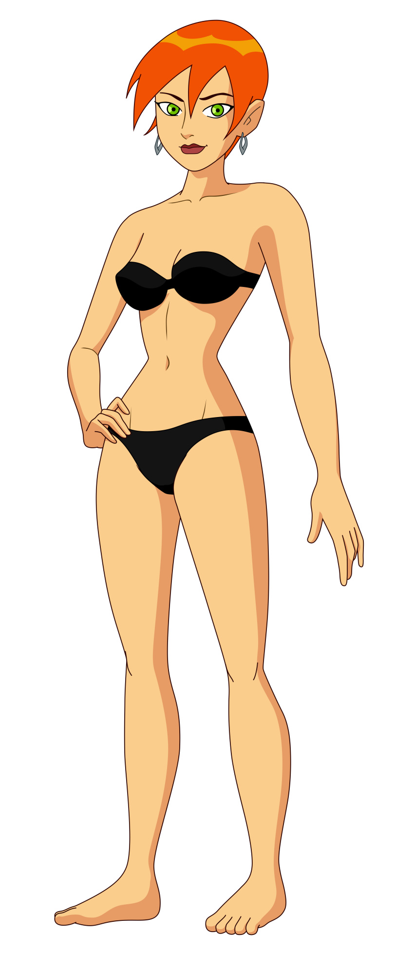 1girls accurate_art_style alpha_channel alternate_version_available barefoot ben_10 bikini black_bikini cartoon_network earrings feet female female_only for_sticker_use future_gwen green_eyes gwen_tennyson hand_on_hip looking_at_viewer medium_breasts navel no_background png red_hair short_hair solo sticker_template toadd95 transparent_background transparent_png