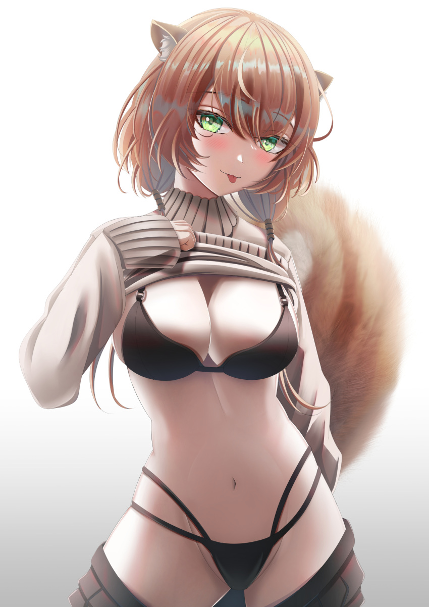 animal_ears ayunda_risu bloodyblack bra breasts brown_hair cleavage clothes_lift female green_eyes highres hololive hololive_indonesia hololive_indonesia_area_15 large_breasts navel panties shirt_lift short_hair solo squirrel_ears squirrel_girl squirrel_tail tail tongue tongue_out underwear virtual_youtuber