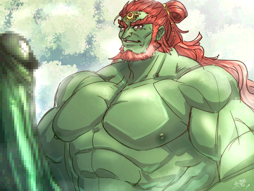 abs biceps boner censored censored_penis erection fumimimimidory ganondorf ganondorf_(tears_of_the_kingdom) gay green_skin hyper hyper_balls hyper_genitalia hyper_penis male male_focus male_only muscle muscles muscular muscular_arms muscular_back muscular_male musk nintendo nipples nude pecs red_hair solo solo_male tears_of_the_kingdom the_legend_of_zelda veins veiny_penis