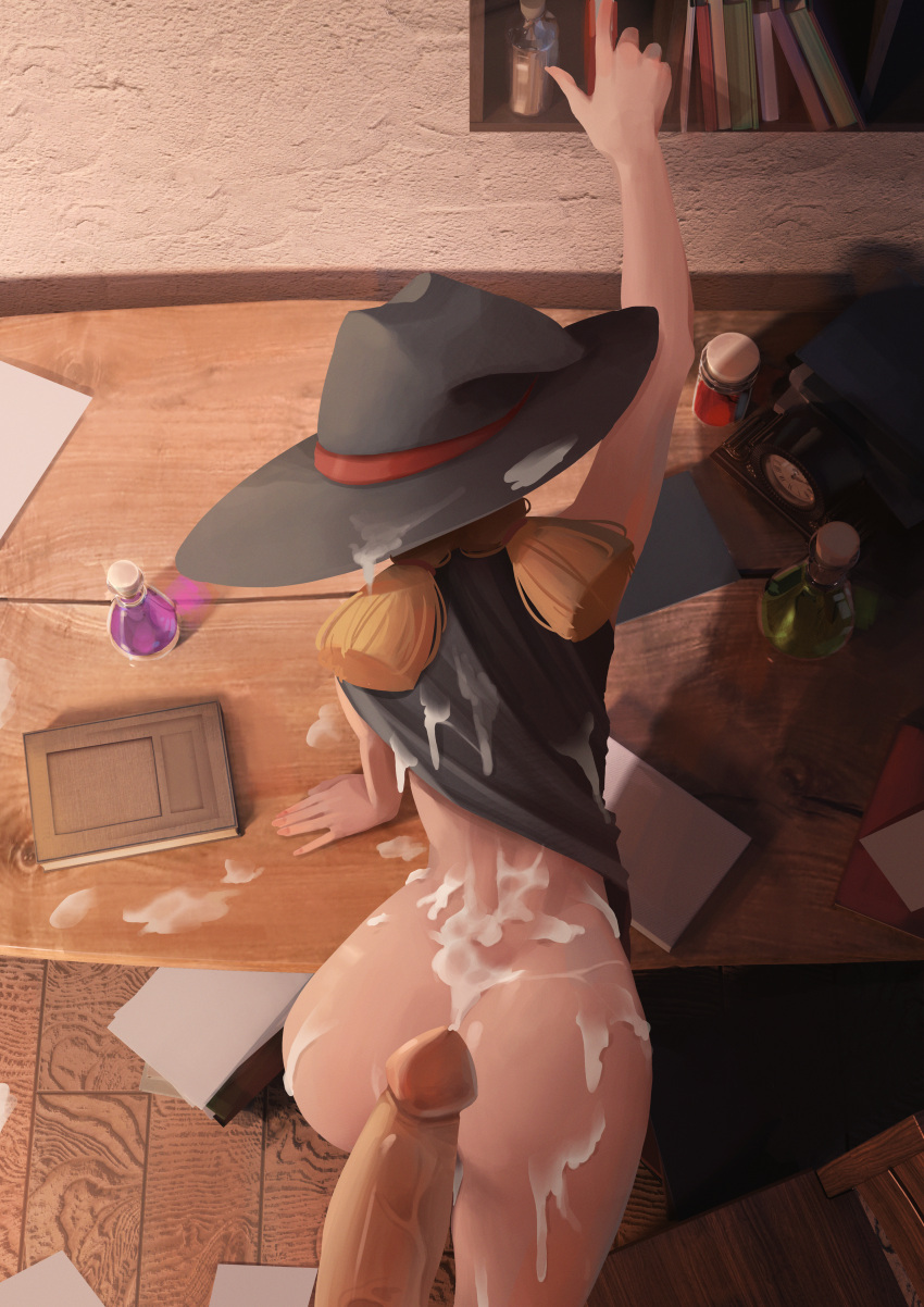 absurdres ass bangs bent_over blonde_hair blunt_bangs blush breasts bukkake cloak cum cum_on_body cum_on_clothes enif_(sushoartworks) erection female flask from_above hat highres long_hair naked_cloak notes original penis short_twintails solo_focus susho twintails uncensored witch_hat