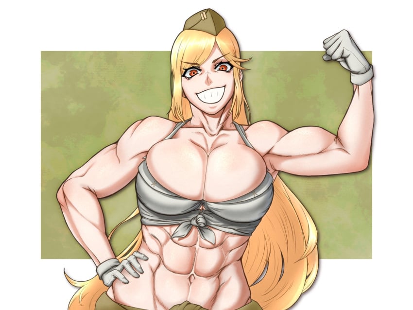 abs bangs biceps blonde_hair breasts cleavage eyebrows_visible_through_hair female flexing front-tie_top garrison_cap girls'_frontline gloves green_background hand_on_hip hat highres large_breasts long_hair looking_at_viewer m2hb_(girls'_frontline) muscular muscular_female navel open_mouth pose red_eyes rob_110101101 shirt simple_background smile solo teeth