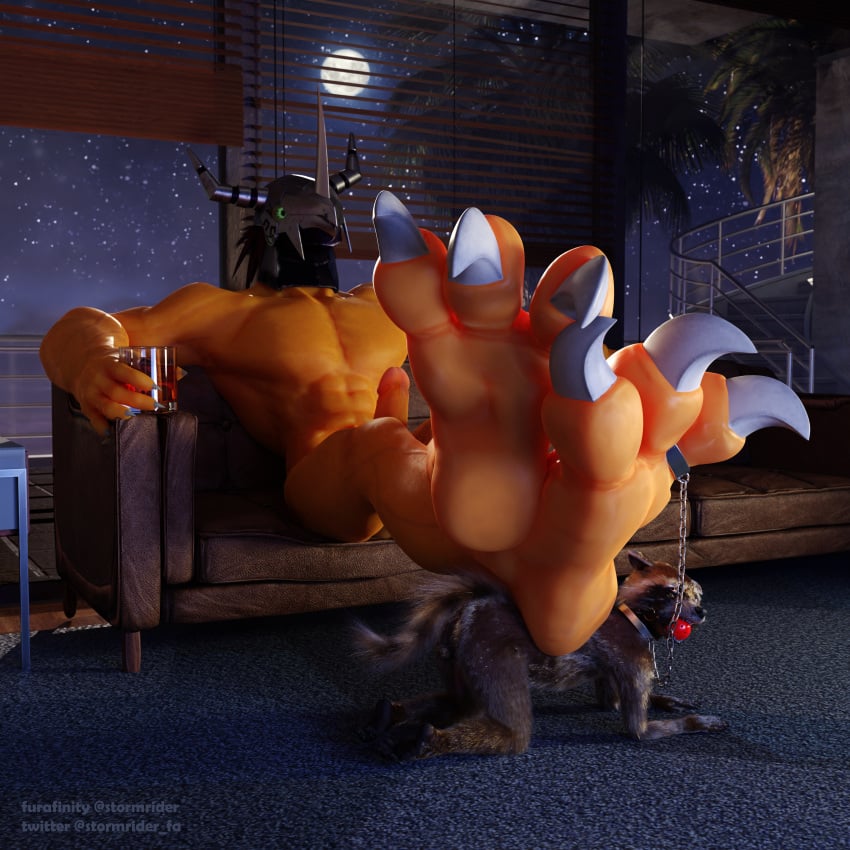 3d_(artwork) absurd_res anthro ball_gag bandai_namco blender_(software) chain_leash chains claws collar digimon digimon_(species) digital_media_(artwork) duo feet foot_fetish foot_on_back footrest gag gay gay_domination guardians_of_the_galaxy hi_res hindpaw humanoid humiliation kneeling leash male male/male mammal marvel paws procyonid raccoon rocket_raccoon size_difference soles stormrider toecuffs toes wargreymon