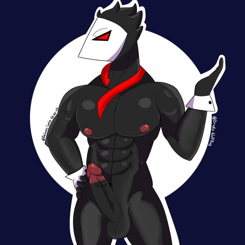 absurd_res anthro balls biceps delaney_luxio deltarune digital_media_(artwork) erection genitals hi_res humanoid male male/male mask muscular muscular_anthro muscular_male nipples nude pecs penis simple_background solo swatchling undertale_(series) video_games