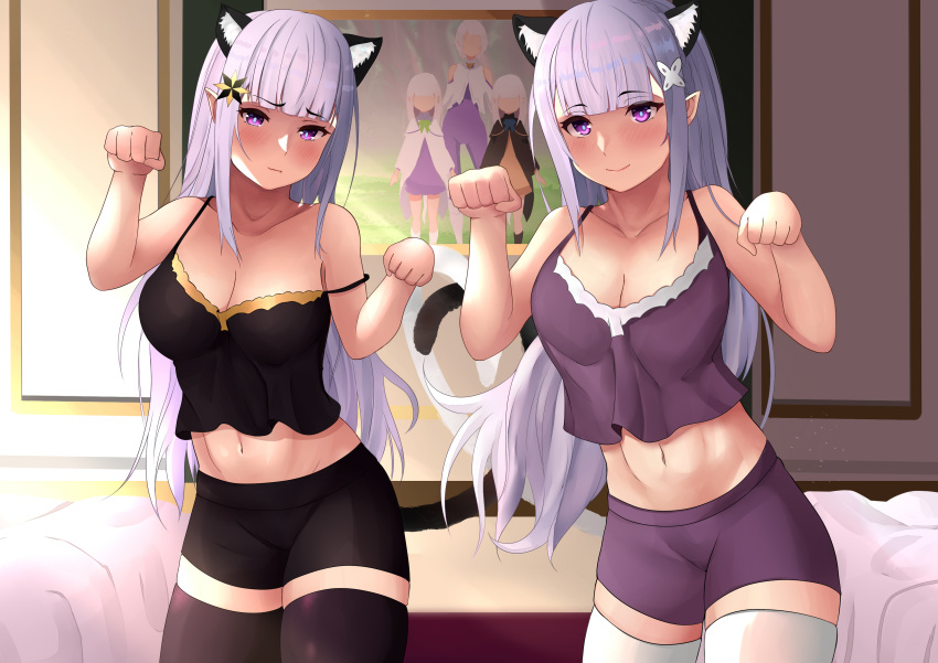 2girls bangs blush breasts cat_ears cat_pose cat_tail catgirl cleavage clothed clothing cosplay curvy duo emilia_(re:zero) female female_only fully_clothed human large_breasts light-skinned_futanari light_skin long_hair looking_at_viewer navel purple_hair re:zero_kara_hajimeru_isekai_seikatsu relpama satella_(re:zero) short_shorts shorts standing thick_thighs thighhighs