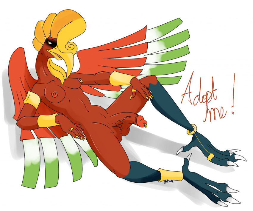 adoptable anklet anthro anthrofied avian beak blonde_hair eyeshadow futa_only futanari hair_over_one_eye ho-oh intersex large_breasts large_penis nelsonnoir nipple_piercing nipple_ring penis_piercing piercing piercings pokemon pokemon_gsc ring sharp_fingernails solo_futa spread_legs talons veiny_penis