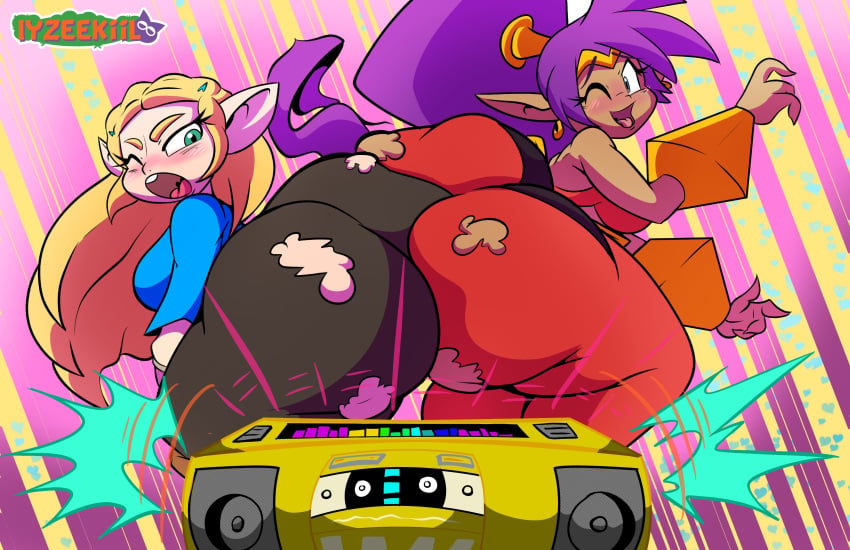 2girls ass ass_expansion ass_to_ass big_ass blonde_hair body_control breath_of_the_wild clothing crossover female female_only gold_boombox_(prevence) huge_ass iyzeekiil light-skinned_female looking_at_another looking_back pointy_ears princess_zelda purple_hair shantae shantae_(character) smooth_skin tan_body tan_skin the_legend_of_zelda thick_thighs torn_clothing twerk_hypnosis twerking zelda_(breath_of_the_wild)