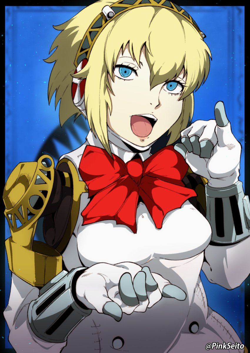 1girls aegis_(persona) aigis_(persona) android blonde_hair blowjob_gesture blue_eyes bowtie fellatio_gesture female female_only fingering_gesture megami_tensei open_mouth oral_invitation persona persona_3 pinkseito robot robot_girl short_hair solo suggestive suggestive_pose