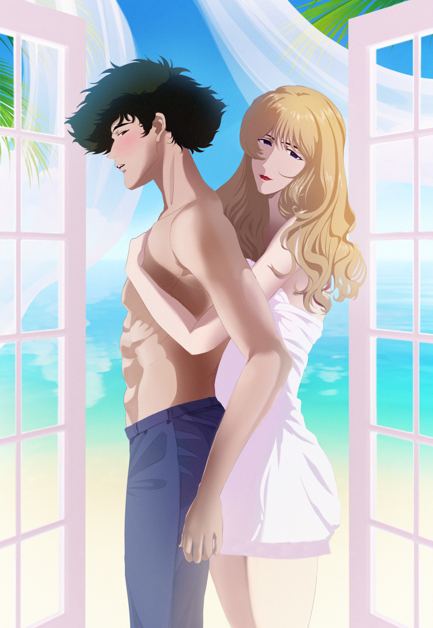 1boy 1girls abs bangs beach blonde_hair blue_eyes blush brown_hair couple cowboy_bebop curly_hair female green_hair happyboynumber1 julia_(cowboy_bebop) love male male/female palm_tree romantic romantic_ambiance romantic_couple shirtless_(male) spike_spiegel straight