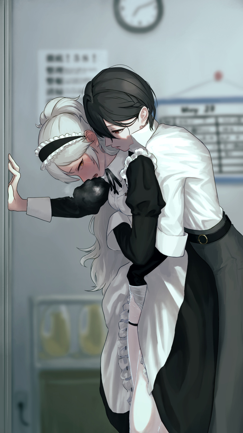 2girls 746kuchiku absurdres belt black_gloves black_hair blush braid breasts clock fingering fingering_from_behind gepard_m1_(contracted_today)_(girls'_frontline) gepard_m1_(girls'_frontline) girls'_frontline gloves grey_hair heavy_breathing highres long_hair maid_headdress mondragon_m1908_(girls'_frontline) multiple_girls open_mouth pantyhose ponytail red_eyes short_hair white_legwear yellow_eyes yuri