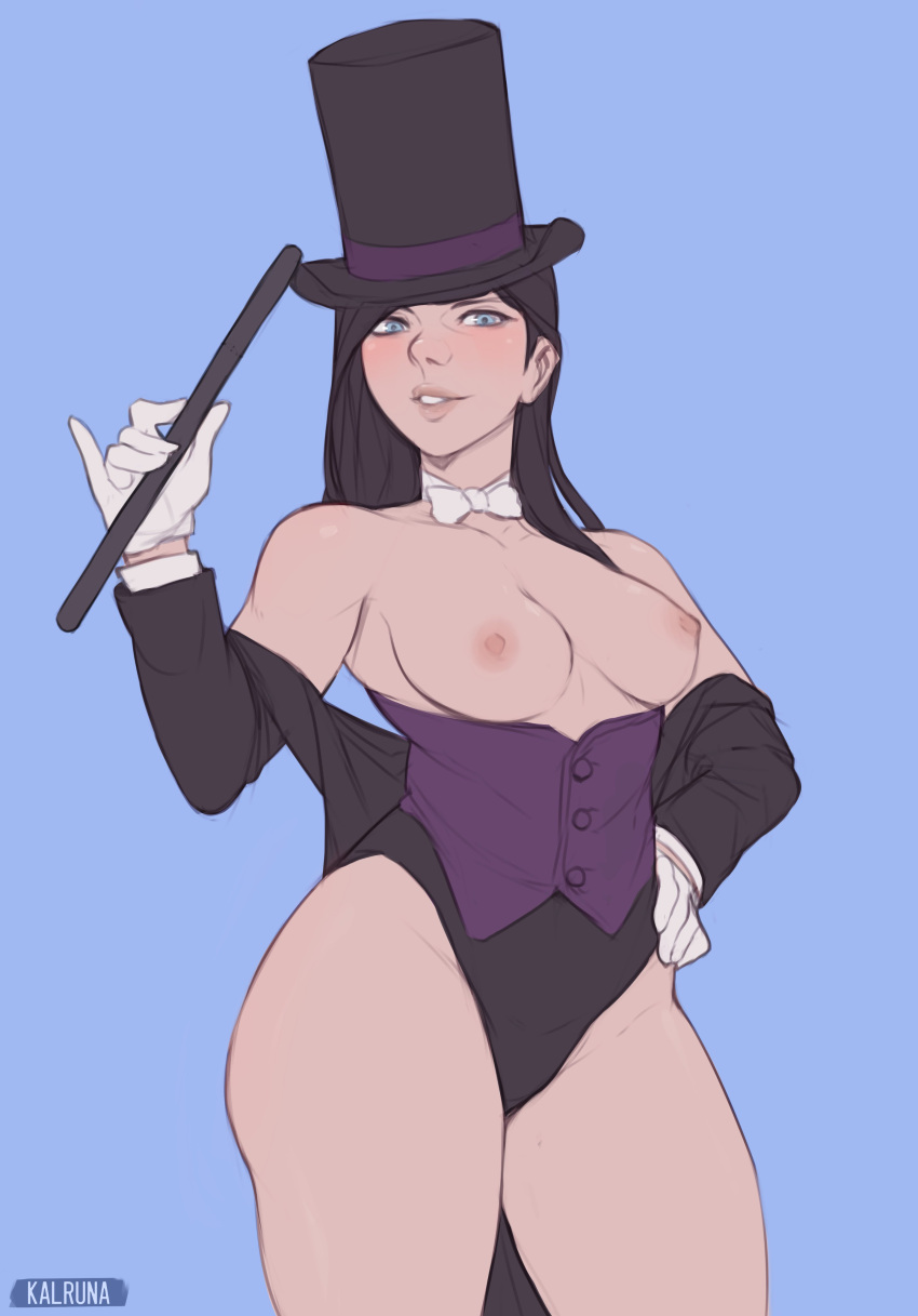 1girls 2d areolae black_hair blue_eyes breasts clothed clothing dc dc_comics female female_focus female_only female_solo hat highres kalruna long_hair looking_at_viewer magic_user magician_hat nipples shirt_down smooth_skin solo solo_female tagme thick_thighs thighs top_hat zatanna zatanna_zatara