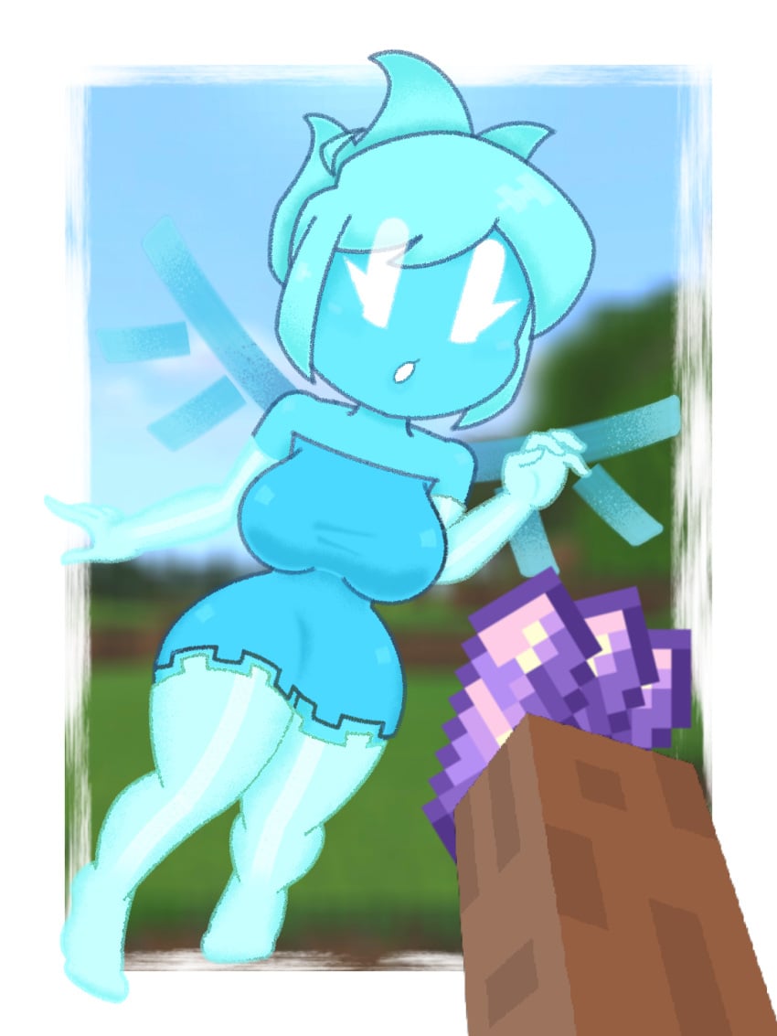 allay_(minecraft) amethyst_(gem) artist_request big_breasts blue_dress blue_hair blue_skin elbow_gloves minecraft mob_vote no_pupils offering offering_to_another short_dress steve_(minecraft) thick_thighs thighs white_eyes wide_hips wings