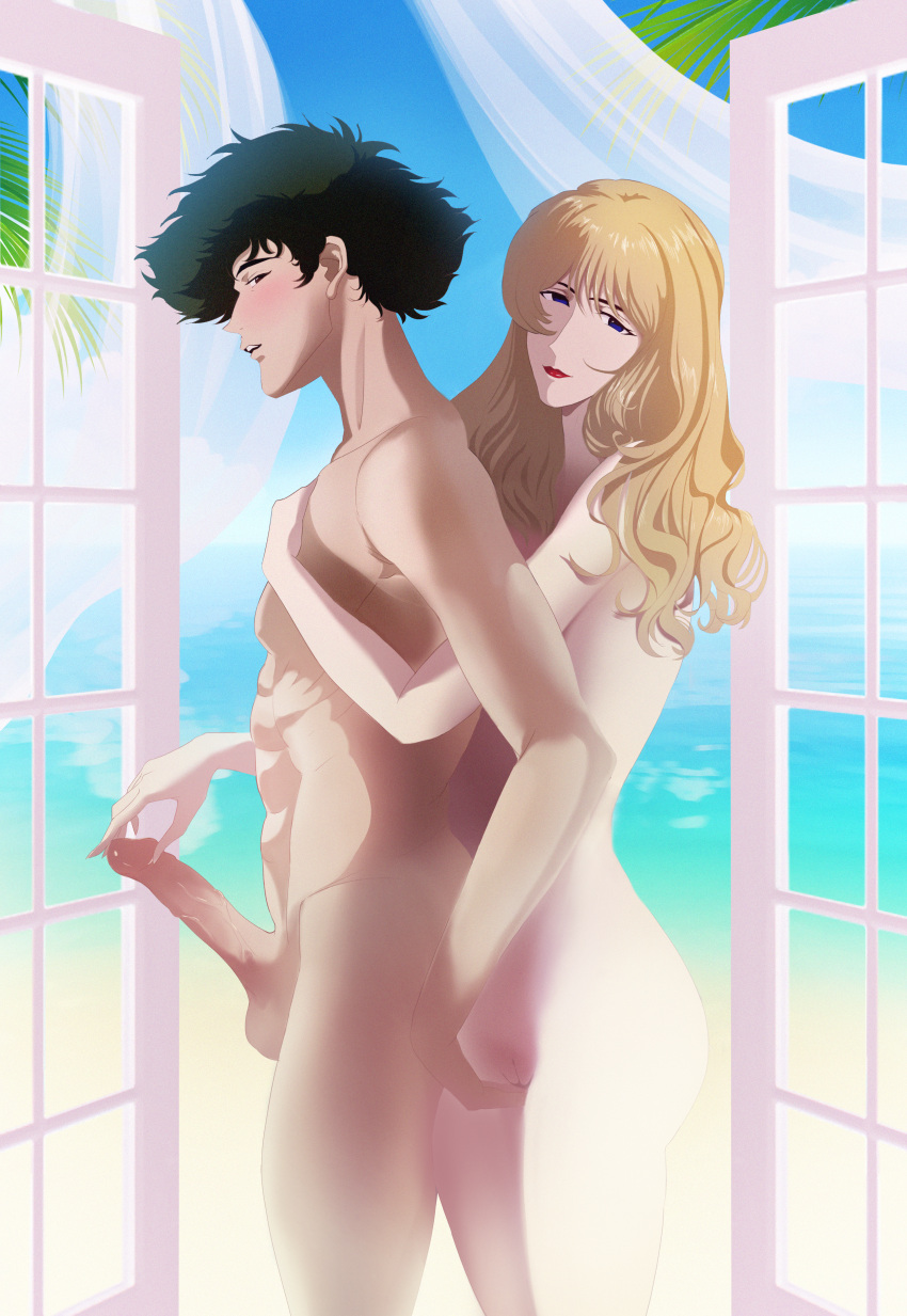 1boy 1girls abs ass balls bangs beach blonde_hair blue_eyes blush breasts brown_hair couple cowboy_bebop curly_hair female foreplay green_eyes hand_on_penis handjob happyboynumber1 human julia_(cowboy_bebop) large_breasts light-skinned_female light_skin long_hair love male male/female nude nude_female nude_male palm_tree penis pussy romantic romantic_ambiance romantic_couple spike_spiegel straight