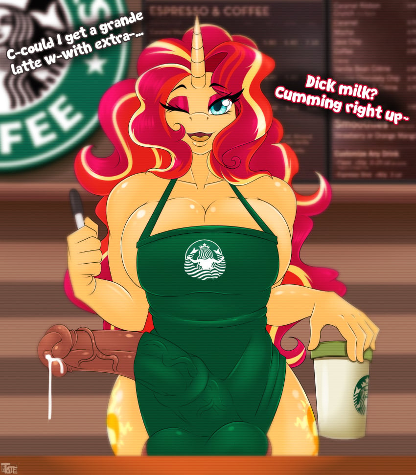 absurd_res apron big_breasts blonde_hair blue_eyes bodily_fluids breasts bulge clothing cum dialogue english_text equid equine erection eyeshadow fan_character futa_only futanari genital_fluids genital_outline genitals gynomorph hair hasbro hi_res horn i_mean_breast_milk iced_latte_with_breast_milk iced_latte_with_dick_milk intersex makeup mammal medial_ring meme my_little_pony one_eye_closed penis penis_outline precum red_eyeshadow red_hair starbucks summer_solstice_(oc) tatemil text unicorn vein veiny_penis wink