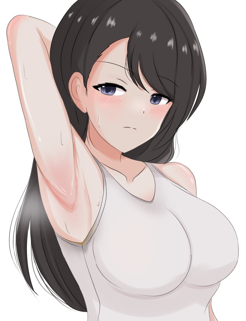 1girls armpits arms_behind_back big_breasts female female_only medium_breasts original original_character ryzeon showing_off sleeveless sleeveless_shirt smell smelling smelly smelly_armpits solo stain stained_clothes steaming_body sweat sweat_stain sweatdrop tank_top yellow_stain