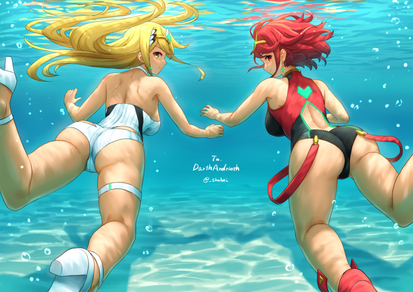 2girls artist_name ass back bangs bare_shoulders black_one-piece_swimsuit blonde_hair breasts circlet closed_mouth clothed commission competition_swimsuit dat_ass earrings female female_only high_heels highres jewelry long_hair looking_at_viewer medium_hair multiple_girls mythra nintendo ocean one-piece_swimsuit pyra red_eyes red_footwear red_hair shouhei sideboob smile swimming swimsuit underwater white_footwear white_one-piece_swimsuit xenoblade_(series) xenoblade_chronicles_2 yellow_eyes