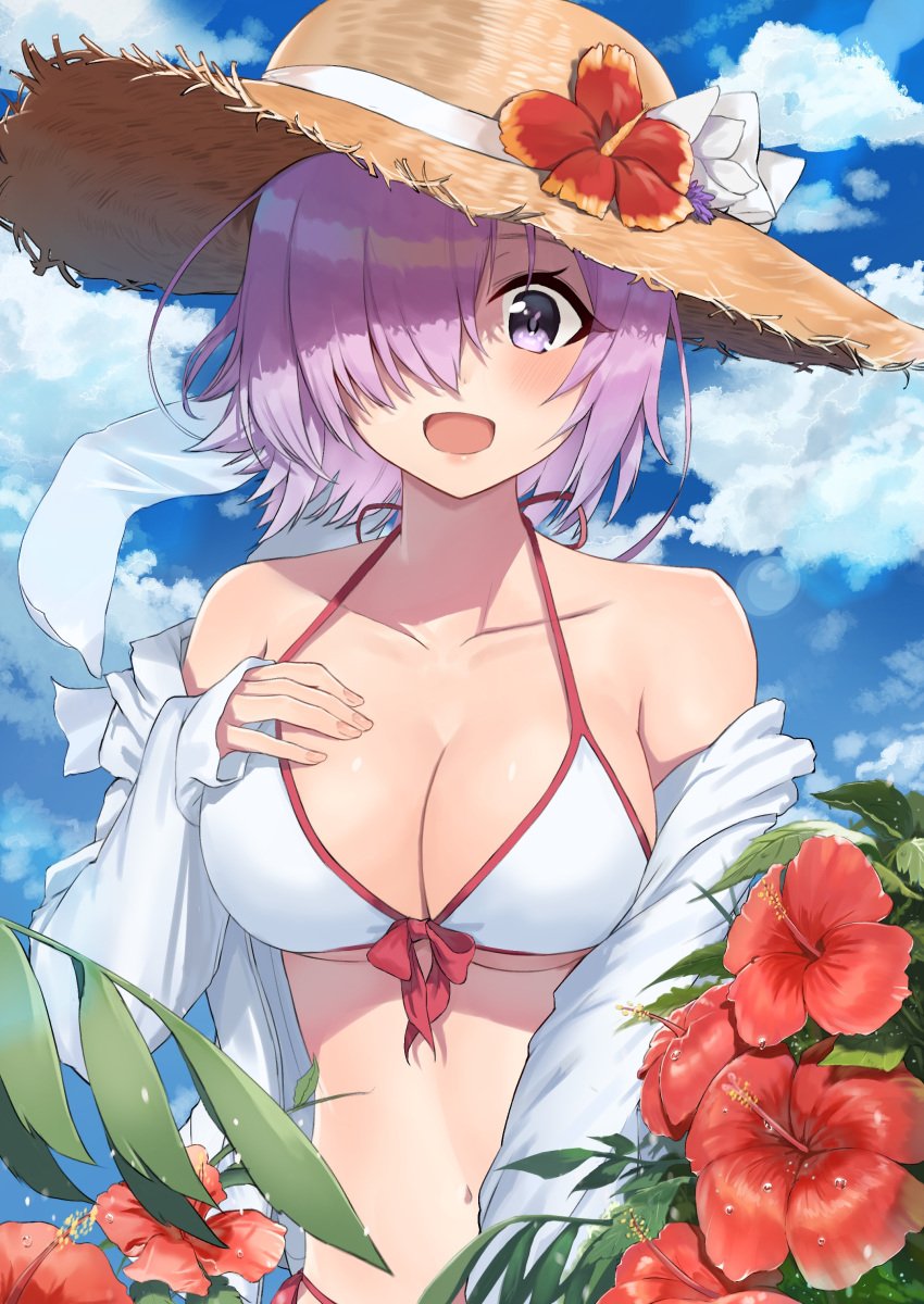 ayul_(ayulneri_92) breasts fate_(series) female female_focus female_only hat mash_kyrielight purple_eyes purple_hair straw_hat swimsuit tagme