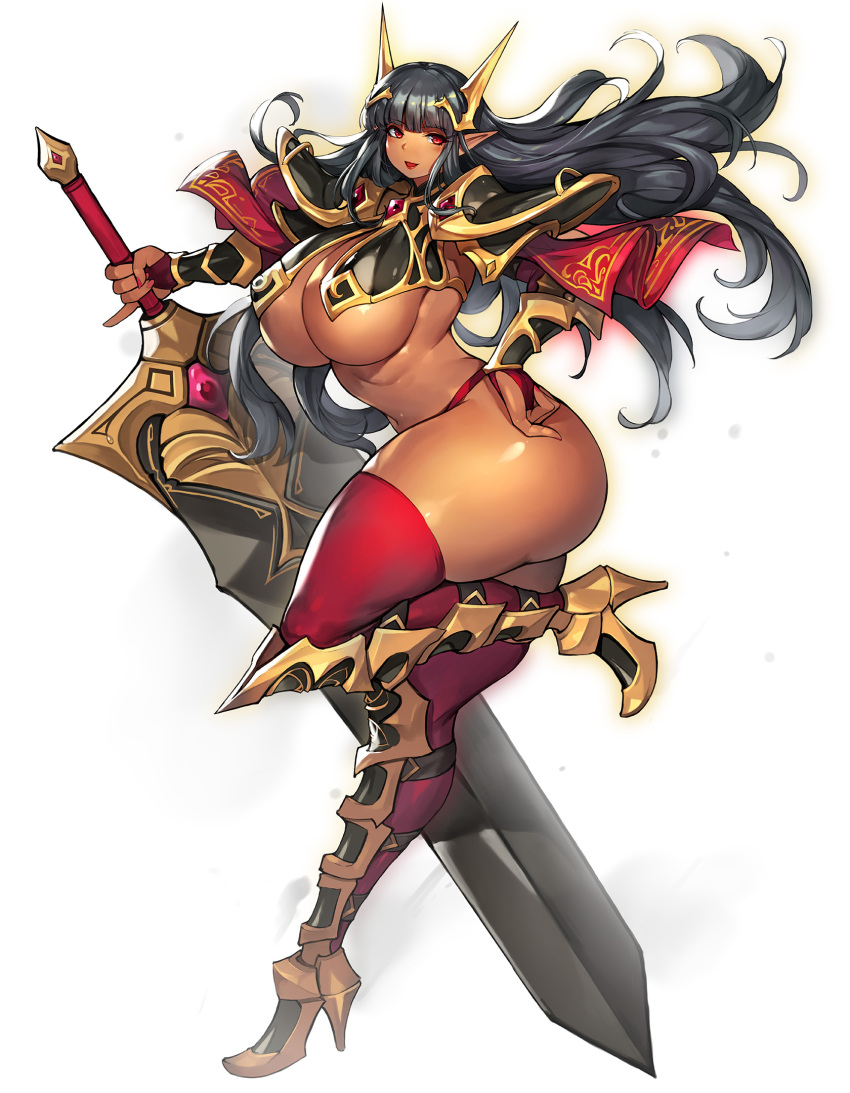 1girls amber_eyes armor armored_boots armored_gloves bangs bare_ass bare_midriff bare_thighs barely_visible_genitalia belly_button big_ass black_hair breasts claymore_(sword) cleavage dark-skinned_female dark_elf dark_skin elf elf_ears elf_female fat_ass female female_focus female_only gold_heels gurimjang hair_ornament hand_on_hip heel_boots heels hime_cut holding holding_object holding_weapon large_ass large_breasts lipstick long_hair long_sleeves midriff navel navel_line pauldrons pointy_ears shoulder_pads side_view sideboob sword thick_ass thick_thighs thighhighs thighs underboob weapon