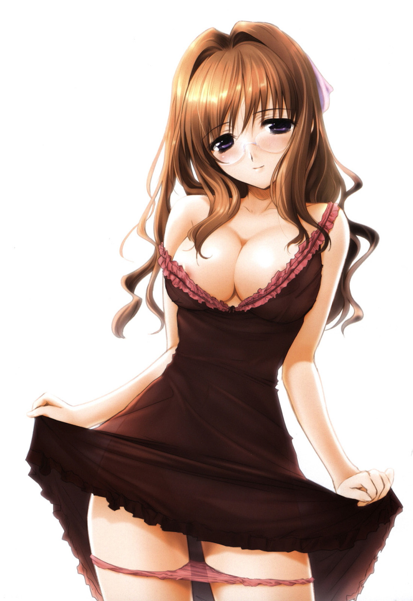 1girls areolae blush breasts brown_hair brown_panties cleavage dress dress_lift female floralia glasses highres lingerie long_hair masaharu nightgown nipple_slip nipples panties panty_pull pink_panties purple_eyes sakurai_shino skirt skirt_lift smile solo strap_slip underwear