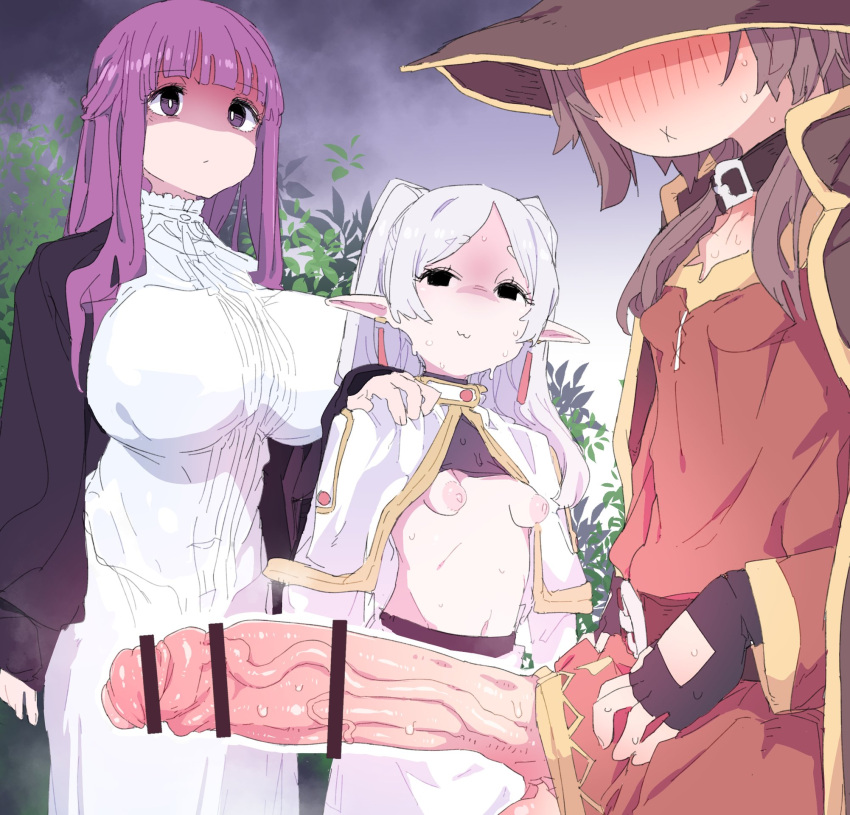 1girls 2futas :3 :x age_difference balls ballsack bar_censor barely_visible_balls black_coat black_eyes black_gloves blush breasts brown_hair capelet censored closed_mouth clothed clothing coat crossover dress earrings elf emanonta erection eyeless_futa female fern_(sousou_no_frieren) fingerless_gloves foreskin foreskin_folds frieren futa_with_female futa_with_futa futanari gloves grey_hair group hand_on_another's_shoulder highres huge_breasts huge_cock humanoid humanoid_penis ineffective_clothing intact jewelry kono_subarashii_sekai_ni_shukufuku_wo! light-skinned_female light-skinned_futanari long_hair long_sleeves megumin mostly_clothed multiple_futa navel nipples noseless nyorube partially_retracted_foreskin penis pointy_ears purple_eyes purple_hair red_dress scrotum shaded_face small_breasts sousou_no_frieren standing student sweat teacher teacher_and_student testicles toony uncut veins veiny_penis white_capelet white_dress