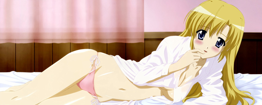 1girls bed blonde_hair blue_eyes blush bottomless breasts canvas_(series) canvas_2 cleavage female highres housen_elis long_hair lying no_bra open_clothes open_shirt panties pink_panties shirt side-tie_panties solo underwear