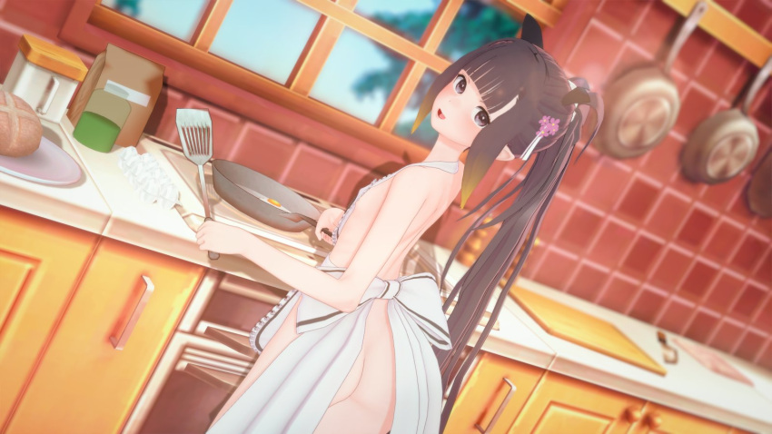 3d apron apron_only birthday frying_pan hololive hololive_english hololive_myth kitchen kitchen_utensils looking_at_viewer looking_back naked_apron ninomae_ina'nis ponytail purple_eyes purple_hair spatula virtual_youtuber wataamage