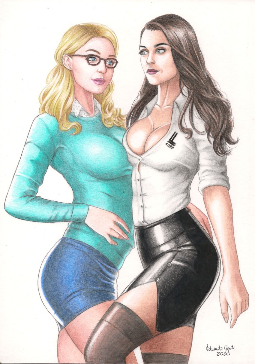 2girls arrowverse blonde_hair clothed dark_hair dc dc_comics eduardo_copati glasses kara_danvers lena_luthor supergirl_(series) superman_(series) traditional_media_(artwork) yuri