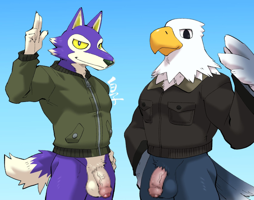 41raco accipitrid accipitriform animal_crossing anthro apollo_(animal_crossing) avian bald_eagle bird bottomless canid canine canis clothed clothing dicks_out duo eagle flaccid foreskin genitals greeting hi_res humanoid_genitalia humanoid_penis kirupi lobo_(animal_crossing) male mammal nintendo penis sea_eagle shirako video_games wolf