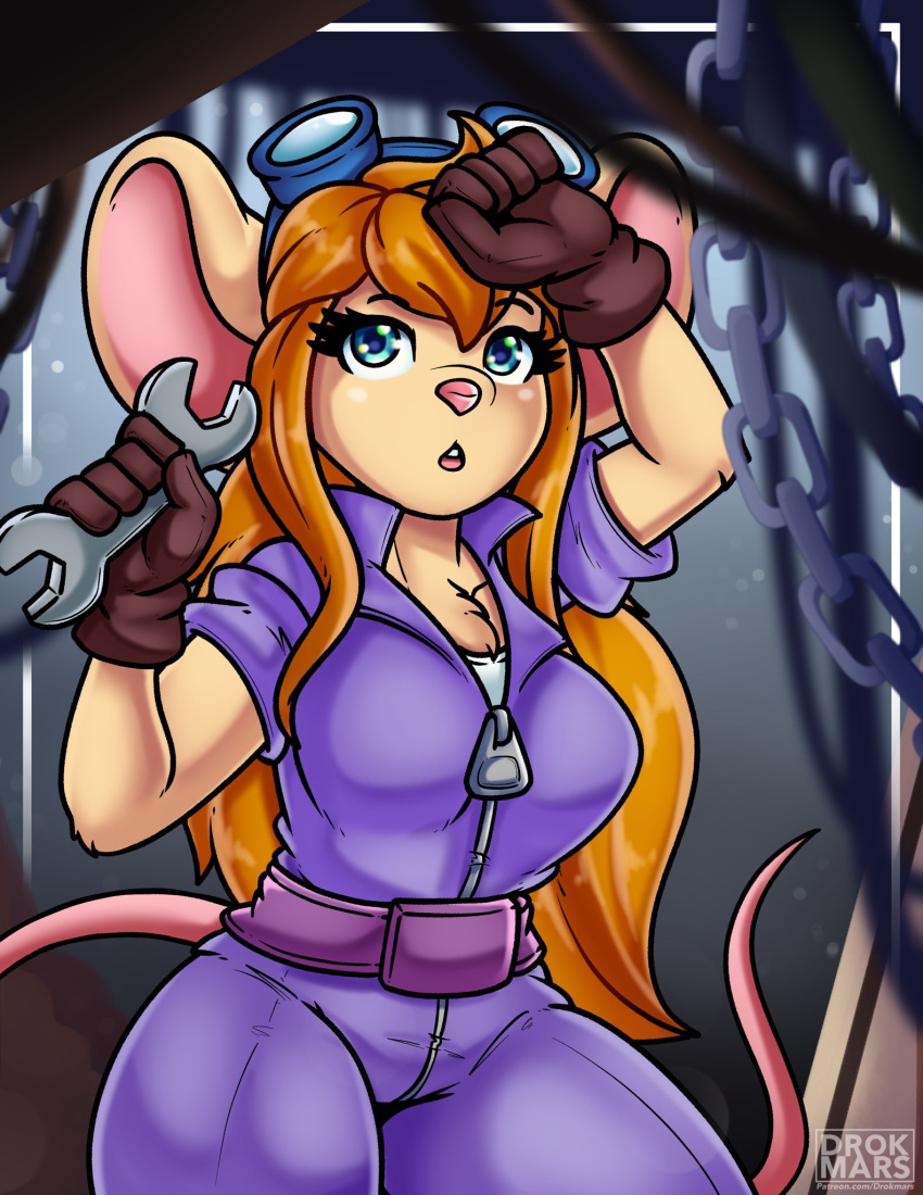 anthro anthrofied breasts chip_'n_dale_rescue_rangers disney drokmars female female_only gadget_hackwrench gloves jumpsuit long_hair looking_at_viewer mouse_girl mouse_tail tail thighs voluptuous wrench