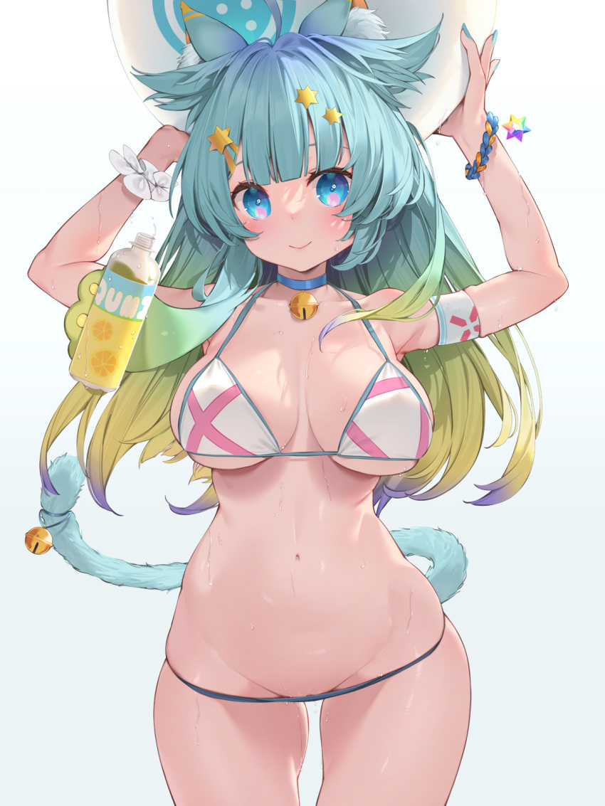 2d animal_ears aqua_hair aqua_nails arms_up ball bangs bikini blonde_hair blue_background blue_hair blunt_bangs bottle breasts cat_ears cat_tail closed_mouth female female_only gradient gradient_background gradient_hair highres holding holding_ball indie_virtual_youtuber lanmewko large_breasts light-skinned_female light_skin long_hair looking_at_viewer multicolored_hair nail_polish navel pale-skinned_female pale_skin simple_background solo sweat swimsuit tail virtual_youtuber waterring