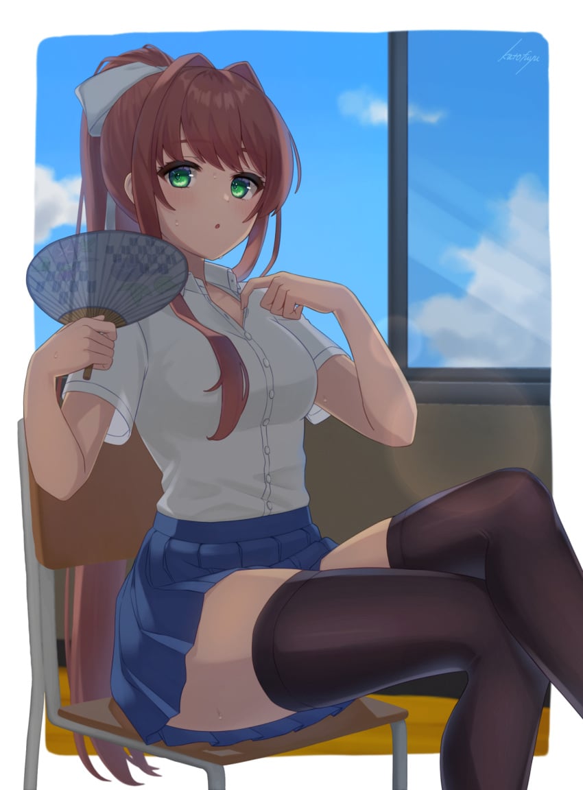 1girls bare_arms blue_skirt bow breasts brown_hair button_down_shirt clothed clothing detailed_background doki_doki_literature_club emerald_eyes fan fanning fanning_face fanning_self female female_focus female_only fully_clothed green_eyes hair_ribbon kato_fuyu knees_together_feet_apart legs_crossed legs_together long_hair looking_at_viewer medium_breasts monika_(doki_doki_literature_club) not_porn open_mouth opening_shirt posing pulling_clothing safe safe_for_work sfw sitting sitting_on_chair skirt summer sweat sweatdrop sweating sweaty sweaty_butt thick_thighs thighhighs thighs tucked_shirt white_shirt